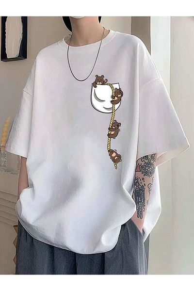 Keywest Tricou oversize unisex din bumbac cu imprimeu ursuleț de buzunar