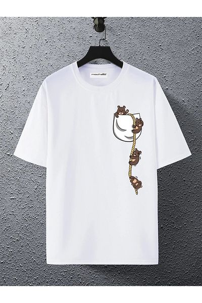 Keywest Tricou oversize unisex din bumbac cu imprimeu ursuleț de buzunar