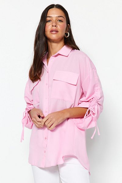 Trendyol Modest Világos rózsaszín ujjú, állítható húzózsinórral részletesen szőtt pamut ing TCTSS23TG00011