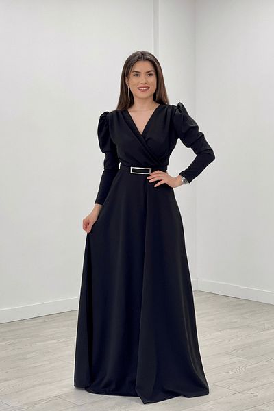 giyimmasalı Κρεπ Υφασμάτινο Φόρεμα Kiloş γιακά με διπλό στήθος - Μαύρο