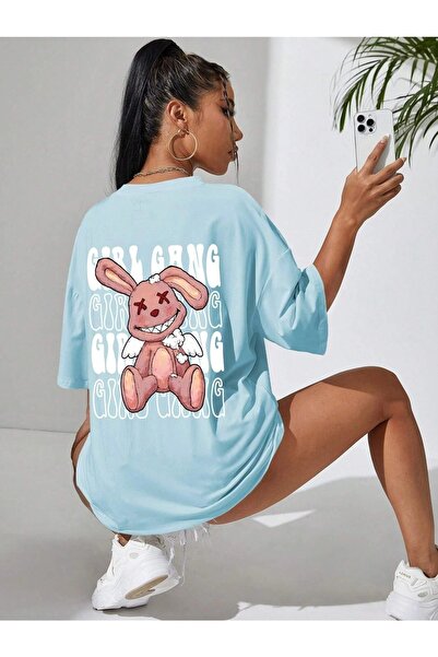 mercoledi Girl Gang Printed Baby Blue Oversize T-shirt Casual Boyfirend