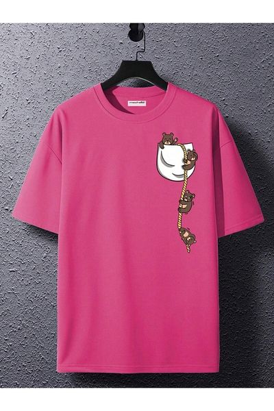 Keywest Βαμβακερό μπλουζάκι Unisex Oversize με στάμπα με αρκουδάκι τσέπης