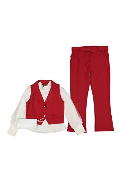 NMG KİDS Kız 6/12 Yaş Kollar Bürümcük Saten Gömlekli Yelekli 3'lu Takım