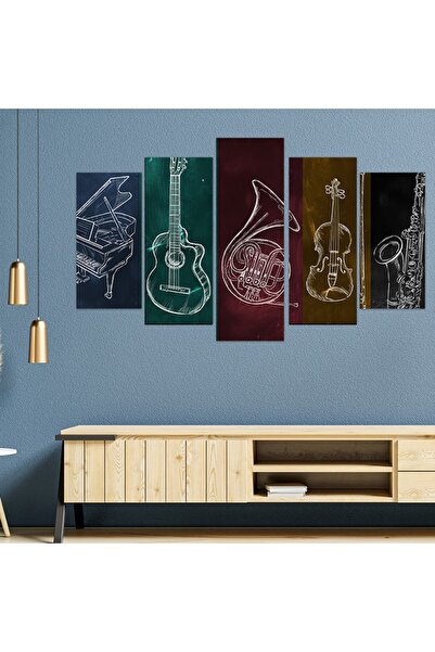GRAFİLLİ DESİGN 5 Parçalı Mdf Müzik Aletleri Temalı Dekoratif Duvar Tablosu Seti