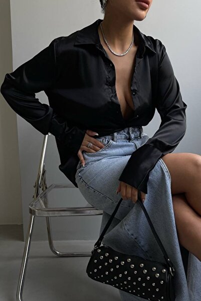 lovebox Women's Black Oversize Satin Shirt 23S18003