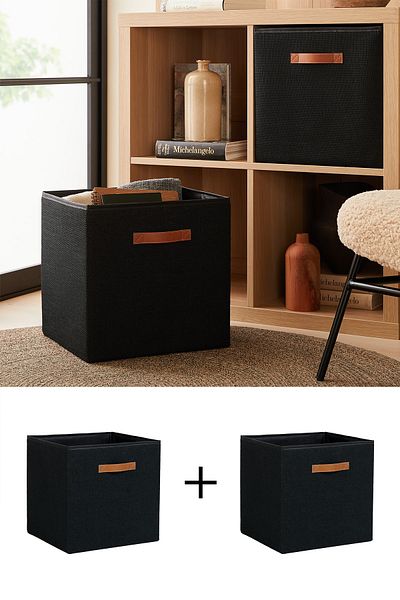 Ocean Home Textile 2 Pieces Black Jute In-Cabinet Laundry Toy Organizer - Folding Storage Box 33x30x33