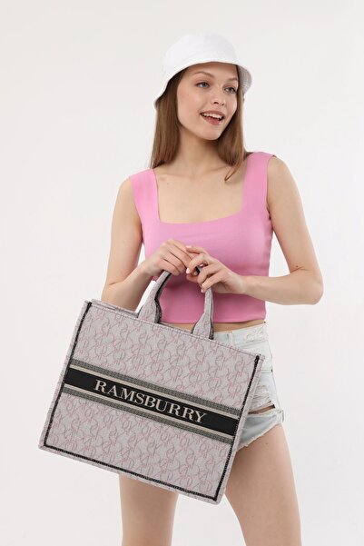 Ramsburry حقيبة الشاطئ النسائية الوردية المصنوعة من القماش المنسوج المقاوم للماء