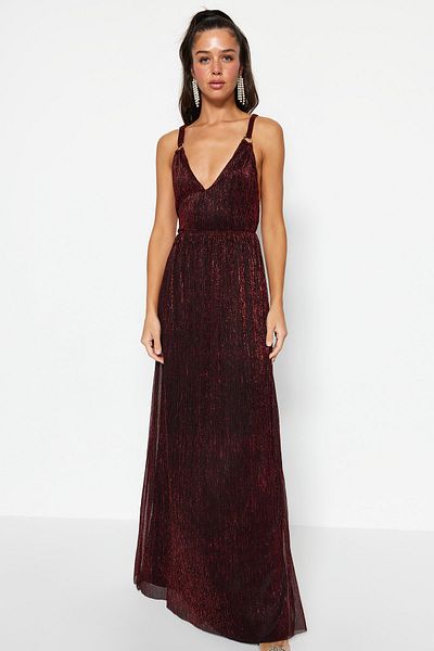 Trendyol Collection Rochie de seara lunga burgundy stralucitoare - A-Cut TPRSS23AE00242