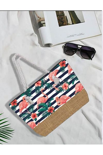 Machetta Τσάντα παραλίας με ριγέ Floral σχέδιο Flamingo με φερμουάρ (50X33)