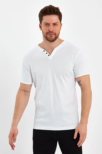 VERDONE %100 Pamuk 3 Düğmeli Ribana Patlı Beyaz Erkek Tshirt