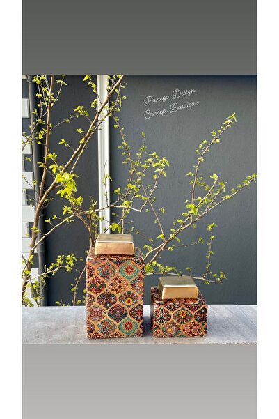 Panega Design Seramik Çini Desen Kare Kavanoz Takım