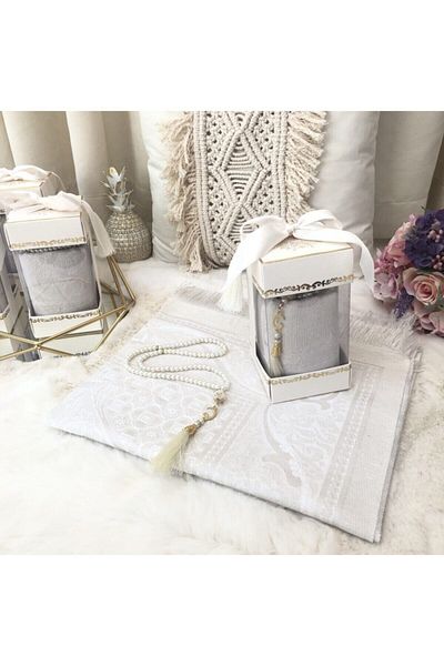 ensarhac Çırağan Series Prayer Rug Prayer Beads Gift Set Cream