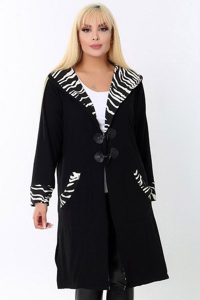 Kheos Zebra Patterned Hooded Long Cardigan - Turn-Down Collar and Pocket
