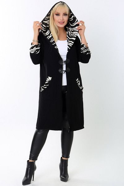 Kheos Zebra Patterned Hooded Long Cardigan - Turn-Down Collar and Pocket