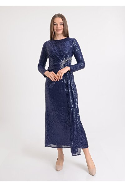 SpringStore Lacivert Taş Detaylı Pul Payet Abiye Elbise