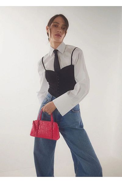 MANGO Woman Geantă cu maner dublu cu aspect piele de crocodil