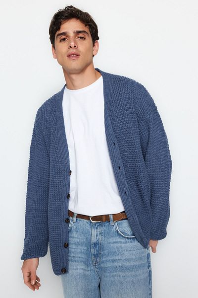 Trendyol Collection Ζακέτα Indigo V-Neck Texture Oversize - Διπλό σχέδιο TMNAW21HI0238