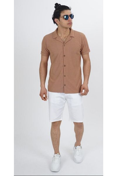 DYNAMO Men's Mink Cotton Short Sleeve Men's Collar Hawaiian Model Shirt