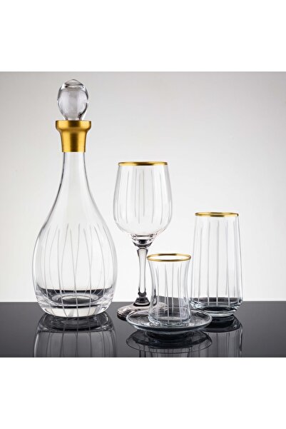 sudeka 49 Parça 12 Kişilik Çubuk Gold El Dekor Kesme Cam Su Takımı