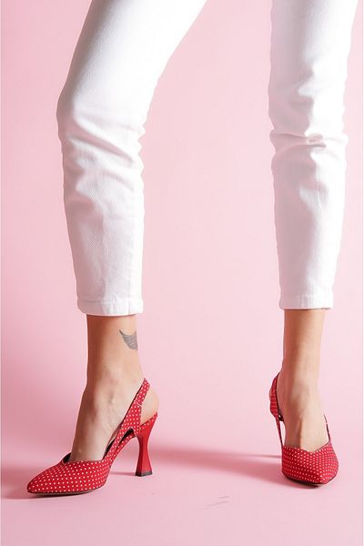 DURUNUN BUTİĞİ Red Polka Dot Side Open Heeled Shoes
