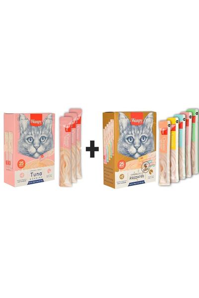 Wanpy Karışık Kedi Sıvı Ödülü 14 gr 25li Paket Ve Creamy Ton Balığı&karides S...