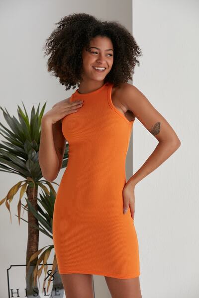 Hisleria Summer Halter Neck Fitted Stretchy Ribbed Mini Dress - Orange
