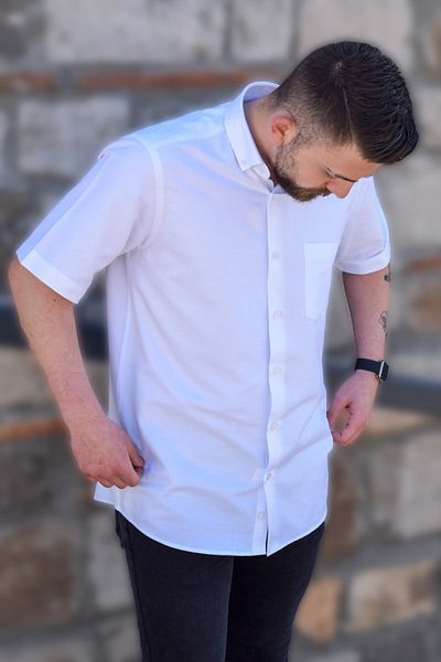 YILDIZ GÖMLEK White Damask Fabric Buttoned Collar Single Pocket Classic Cut Cotton Short Sleeve Men's Shirt