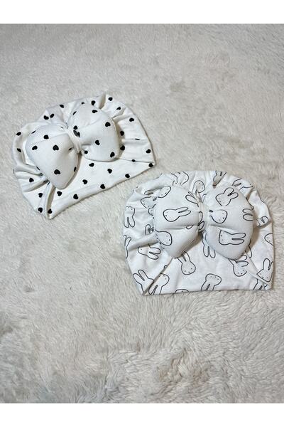 MASALBABY Kız Bebek Siyah Kalp Ve Desenli Beyaz Renkte 2'li Saç Bonesi