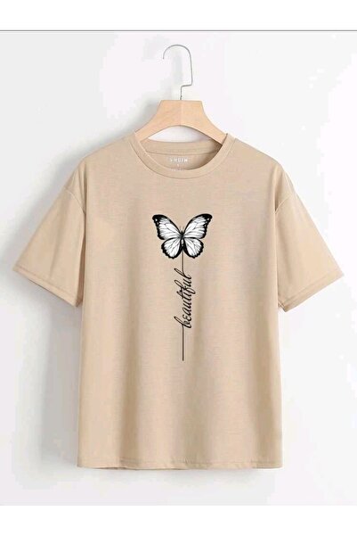 caxis Γυναικείο μπλουζάκι σε μπεζ χρώμα Beautiful Butterfly printed Oversize