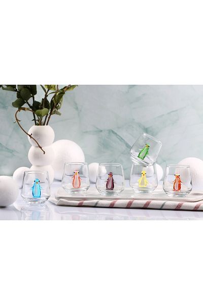 ADAMODART Penguin Figured Decorative Handmade Glass Design Chubby Brown Side Set of 6
