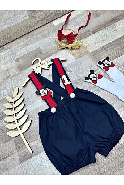 Feriatolye Lacivert Kırmızı Mickey Mouse Erkek Bebek Salopet Papyon Çorap Tak...