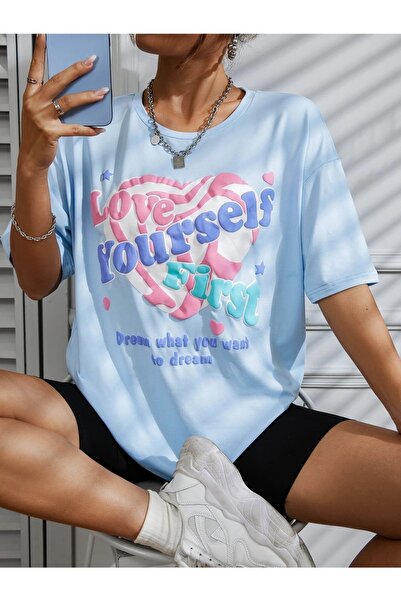 mercoledi Love Yourself Printed Baby Blue Oversize T-shirt Casual Boyfirend