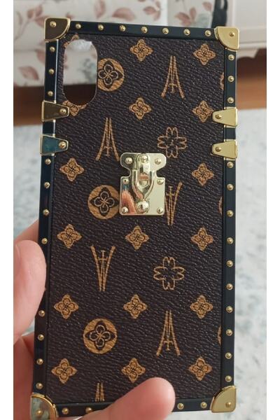 Newon Iphone Xs Max Kahverengi Deri Gold Çerçeve Kapak Kılıf Cover Case