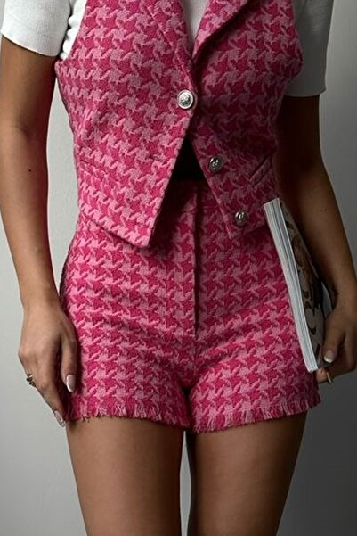 lovebox Women's Tweed Fabric Houndstooth Print Fuchsia Pink Tweed Shorts 23S03002