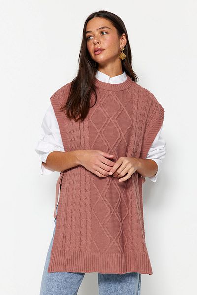 Trendyol Modest Dusty Rose geflochtener Strickpullover zum Binden an der Taille TCTAW22UV0018