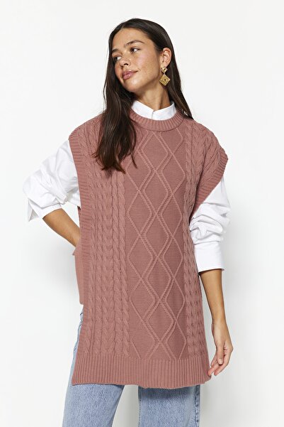 Trendyol Modest Dusty Rose Kravata Braided Knitwear Sveter TCTAW22UV0018