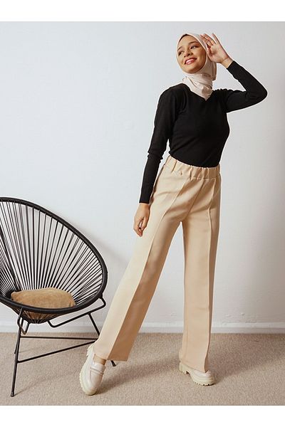 Por La Cara Stone Color Double Fabric Elastic Trousers