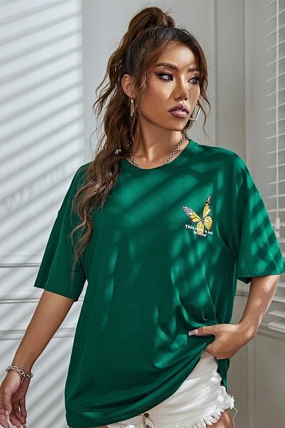 MODAGEN Dámské oversize zelené tričko vpředu vzadu s potiskem Butterfly