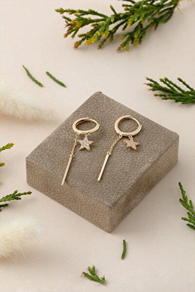 Cenova Jewelry 14 Ayar Altın Taşlı Yıldızlı Sallantılı Halka Küpe