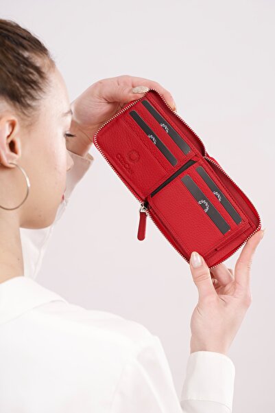 CüzCan Unisex Kırmızı Miami Yatay Fermuarlı Bozuk Para Hazneli Gerçek- Hakiki Deri Cüzdan(ERKEK-KADIN)