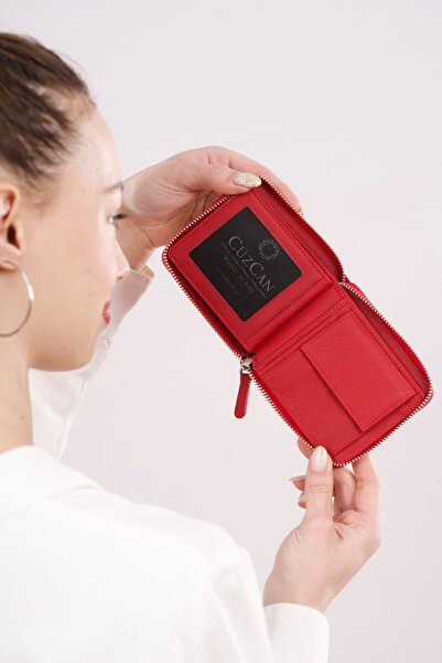 CüzCan Unisex Kırmızı Miami Yatay Fermuarlı Bozuk Para Hazneli Gerçek- Hakiki Deri Cüzdan(ERKEK-KADIN)