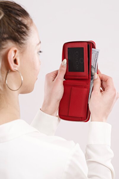 CüzCan Unisex Kırmızı Miami Yatay Fermuarlı Bozuk Para Hazneli Gerçek- Hakiki Deri Cüzdan(ERKEK-KADIN)