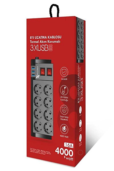 Aırstorr Termal Akım Korumalı 8'li Priz 3 X Usb - 2 M Kablo Uzunluğu