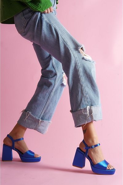 DİVOLYA Fell Saks Blue Satin Platform Heeled Casual Shoes