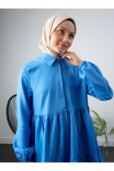 Por La Cara Casual Shirt Tunic - Front Buttoned, Two Piece, Saxe Blue