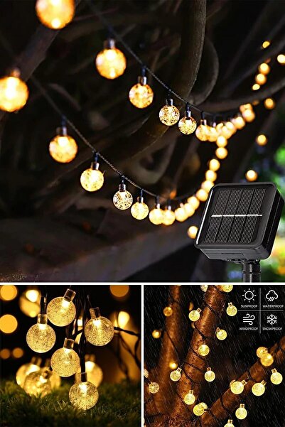 epazzar Solar 50 Ledli 8 Modlu Büyük Cam Kristal Misket Top 7 Metre Bahçe Dek...