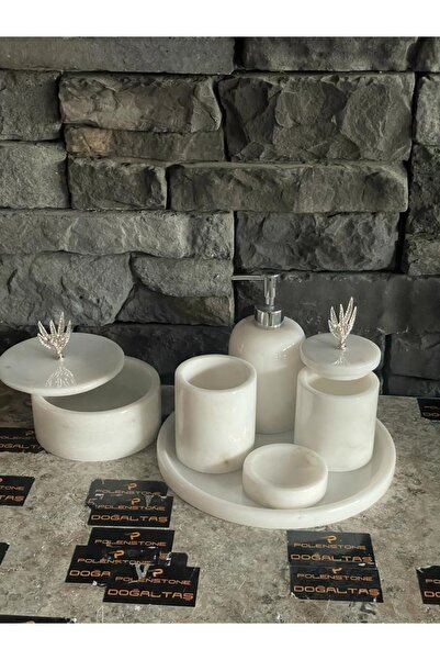 Polen Stone 1st Class White Marble Silver Color 6-Piece Bathroom Set with Olive Branch Accessories