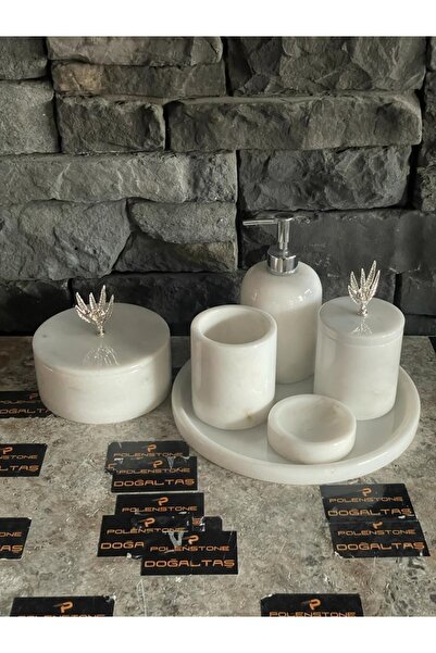 Polen Stone 1st Class White Marble Silver Color 6-Piece Bathroom Set with Olive Branch Accessories
