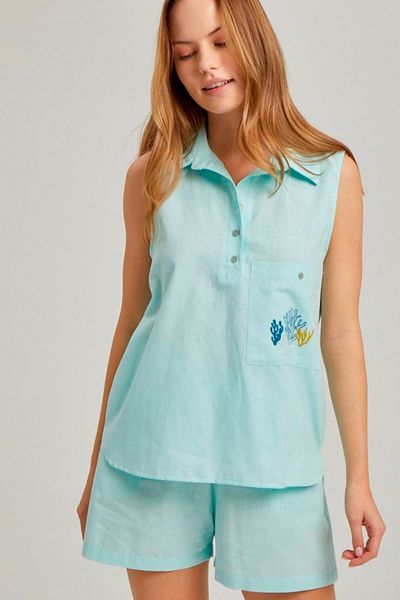 Pamuk & Pamuk Mint Collared Pocket Printed Shorts Set