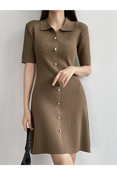 BertoNelly Polo Yaka Düğmeli Kısa Kollu Elbise Dress